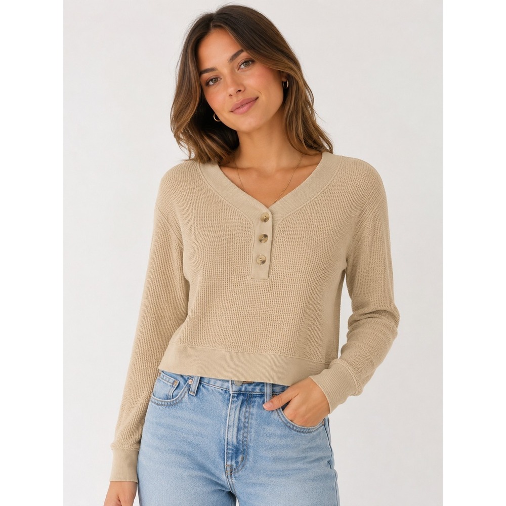 Pact Waffle Knit Thermal Henley Women's L Tan Quiet Luxury 100% Organic Cotton‎